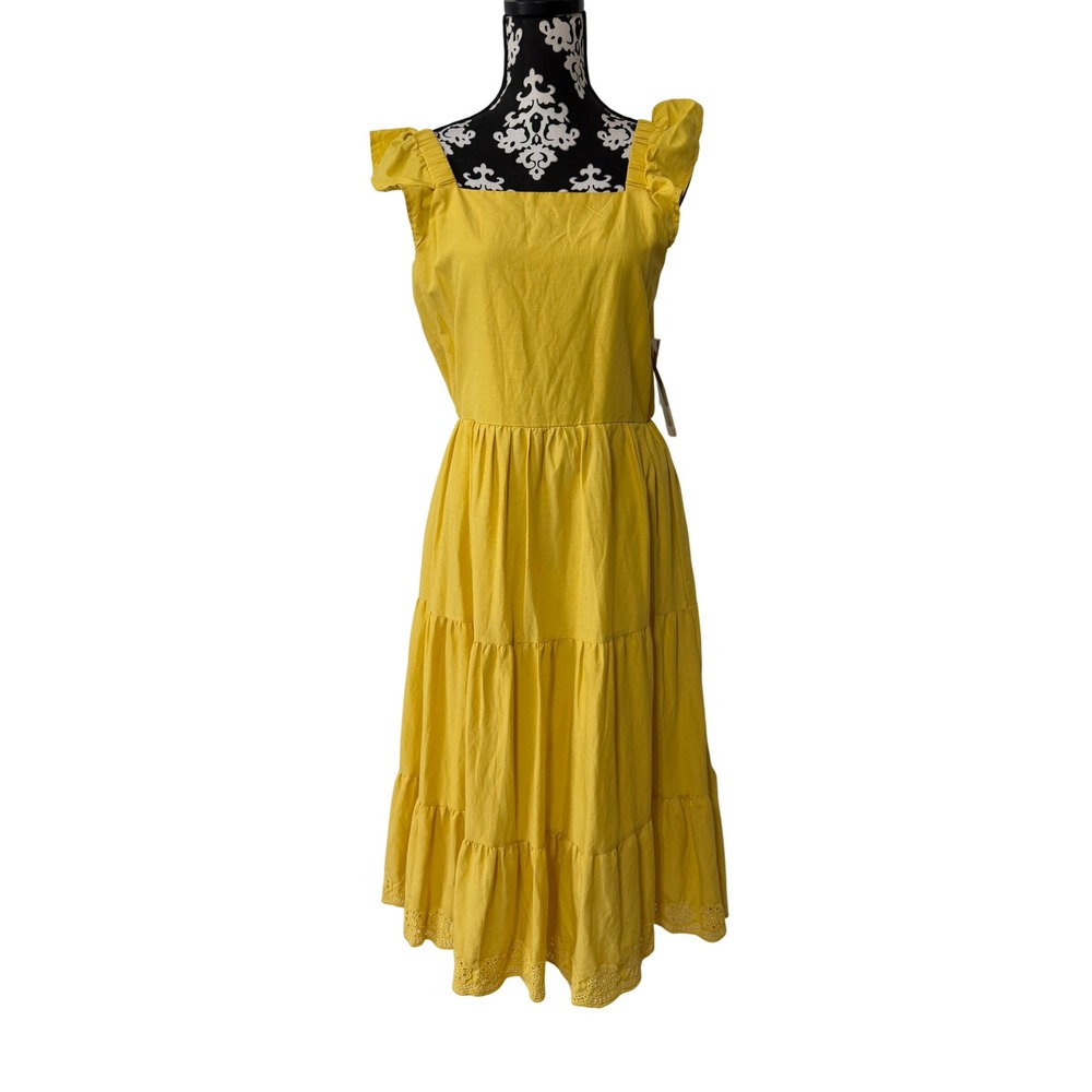 Blue Revival Yellow Tiered Midi Dress Ruffle Strap Eyelet Hem New Size M